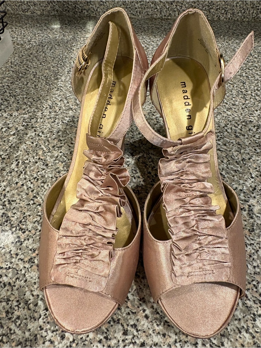 Madden Girl Rose Satin Ruffle Peep-Toe Ankle-Strap Heels